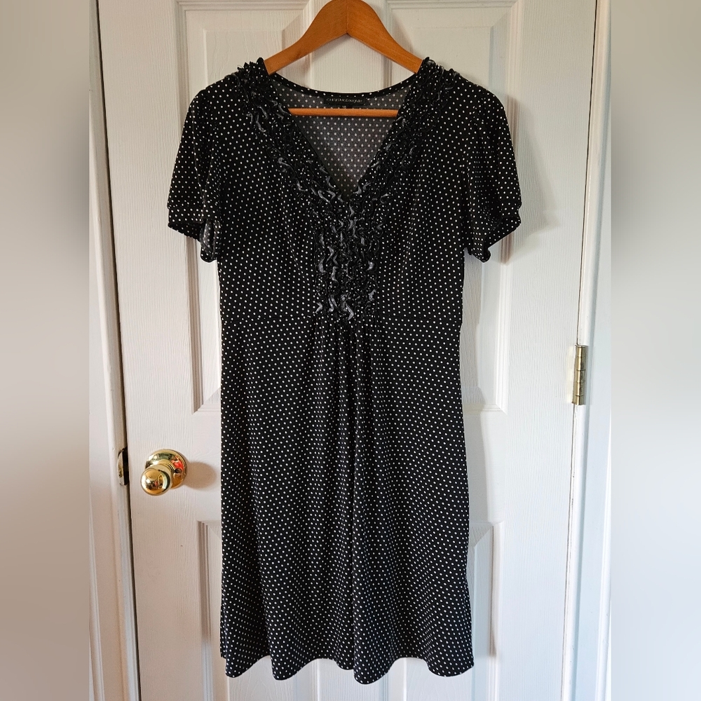 📌3for$10 Chris McLaughlin Women's White Dot Black Dress Size 10